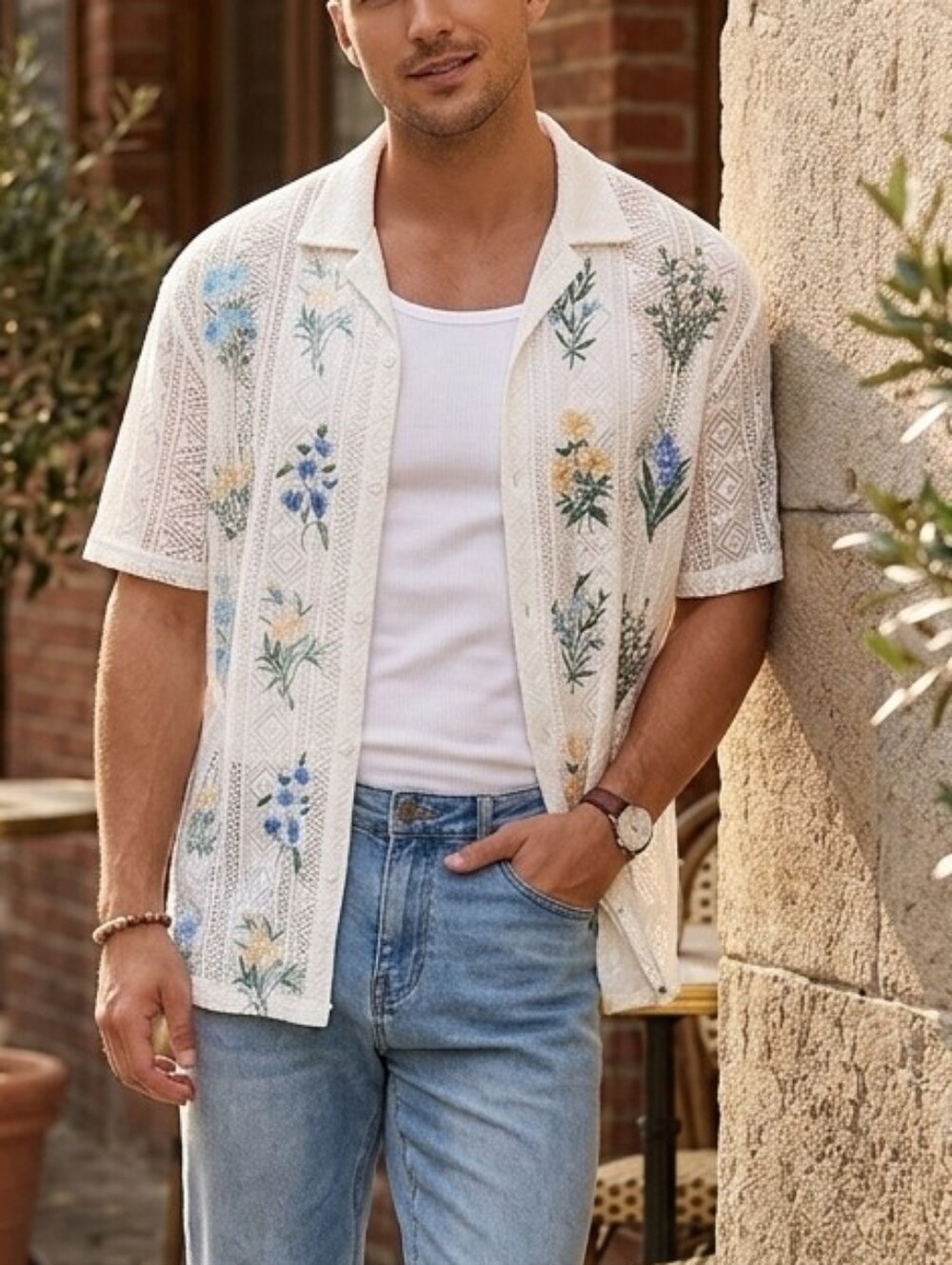 INCERUN Men’s White Lace Crochet Floral Button Down Shirt - XL